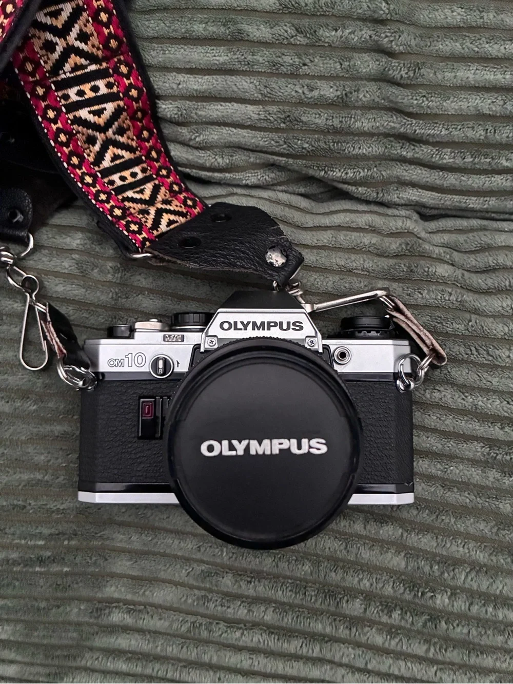 Olympus OM10 35mm Film Camera with Pink Patterned Strap